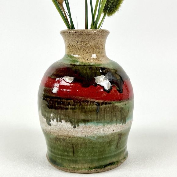 Studio Art Pottery Vase 5.5" Tall Fat Lava-Style Glaze Red/Green/Brown Signed - Picture 5 of 8